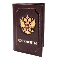 Изображение товара Обложка для автодокументов и паспорта герб Россия экологическая кожа темно-бордовая 